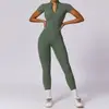 Ropa de yoga para venta al por mayor transfronteriza: Traje deportivo de una pieza con cremallera, manga corta, adelgazante, sensación de segunda piel, ropa de fitness Pilates para mujer, disponible para dropshipping