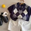 Camisa Polo de Tricô Infantil Transfronteiriça 2026 Verão Meninos Retrô Americano Xadrez Bebê Manga Curta Suéter de Tricô