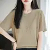 Camiseta de Punto de Manga Corta Estilo Old Money para Mujer, Verano 2026, Cuello Redondo Delgado con Diseño Calado, Top de Media Manga Adelgazante y Versátil
