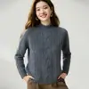 Estilo de luxo leve e elegante, suéter de tricô de cashmere feminino com gola semi-alta, pulôver outono/inverno, suéter de tricô trançado de manga longa, camada base espessa