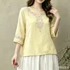 Camiseta de Algodón y Lino Bordada con Cuello en V Artístico Vintage para Mujer, Suéter Casual Holgado, Top Adelgazante