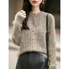 Nuevo cárdigan de punto de lana de cachemir para otoño e invierno, cuello redondo, de manga larga para mujer, patrón trenzado, suéter de lana de hilo cepillado