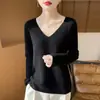 Camiseta térmica de manga larga para mujer, cuello en V, sin costuras, suave y adelgazante, de lana