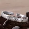 Pulseira Aberta Bangle de Prata Tailandesa Feminina Vintage Fosca Coração Aberto Sutra Grande Compaixão Mantra Lótus Côncavo Prata Tailandesa