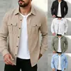 Nueva chaqueta de trabajo casual de lino de manga larga estilo europeo y americano, con múltiples bolsillos para hombre, color liso, cuello de solapa