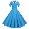 Comercio exterior transfronterizo estilo Hepburn retro europeo y americano verano nuevo traje de manga corta con cuello de solapa vestido casual de color liso acampanado