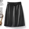 Saia de Couro com Fivela Vintage para Mulheres, Nova Coleção Outono 2026, Cintura Alta, Slim Fit, Que Marca o Quadril, Saia Lápis Emagrecedora de Comprimento Médio