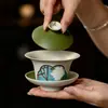 Gaiwan de três talentos com janela de gardênia esculpida Mojibushi, conjunto de chá Kung Fu de cerâmica com lótus pintado à mão, gaiwan para uso doméstico