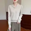 Suéter de tricô 100% lã estilo francês com decote V para mulheres, design moderno com gola de lapela, camada base quente para outono e inverno