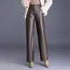 Calça de couro PU preta de perna larga para mulheres, novo estilo outono/inverno 2026, popular este ano, calça longa casual, calça reta de cintura alta