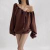 Sudadera de Manga Larga con Hombro Descubierto, Cordón y Cordones, Estilo Perezoso, Top Holgado de Terciopelo para Mujer, Otoño