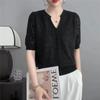 Nova Camiseta de Seda Gelada de Manga Curta para Mulheres no Verão, Design com Pedrarias em V, Senso de Design e Corte Versátil Crochê Tricô Top
