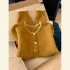 Cardigan Tricotado Estilo Francês Retrô Macio e Preguiçoso, Jaqueta Suéter de Gola Redonda Cor Gengibre de Alta Qualidade e Super Bonita para Mulheres no Outono