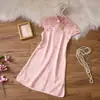 Vestido Cheongsam modificado de jacquard para niñas de verano, nuevo estilo chino, manga corta, vestido de princesa tradicional Hanfu para niñas, para uso diario
