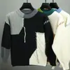 Suéter tejido de punto con diseño de bloques de color de invierno empalmado, cuello redondo, suéter pullover unisex moderno de corte holgado para pareja