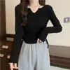 Ropa de Otoño para Mujer Estilo Coreano Manga Larga Cuello en V Cordón Adelgazante 2026 Color Sólido Versátil Camiseta Talla Grande Capa Base Superior Mujer