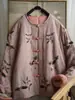Nova Jaqueta de Algodão Estilo Inverno Retrô Estampada Sarja Gola Redonda Mangas com Botão Color Block Estilo Chinês 498013