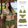 Bikini de Cuadros Verdes Conjunto de Tres Piezas, Nuevo Estilo Halter Adelgazante Vacaciones en la Playa Estilo Juvenil Traje de Baño para Baños Termales para Mujeres