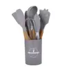 Utensilios de Cocina de Silicona con Mango de Madera Juego de 12 Piezas Espátula Antiadherente Cuchara para Sopa Cocina de Grado Alimenticio Resistente a Altas Temperaturas Frasco para Almacenamiento de Utensilios de Cocina