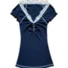 Nuevo top simple de verano para mujer, patchwork de encaje azul marino, corte ajustado, sexy, cuello en V, manga corta, camiseta, venta al por mayor