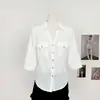 Camisa Blanca de Lino Tencel con Cuello en V y Mangas Tres Cuartos para Mujer, Estilo Old Money, Blusa Holgada Casual con Cintura Ajustable