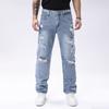 Calça Jeans Masculina Reta Não Elástica Azul Claro com Estilo Rasgado e Desfiado
