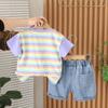 Traje de Manga Corta para Cachorro de Dibujos Animados a Rayas de Colores para Niños 2025 Nuevo Verano para Niños Delgado Estilo Coreano Lindo Conjunto Moderno de Dos Piezas
