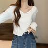 Camiseta Preppy Dulce de Cuello en V Hombro Derecho Manga Larga Otoño Nuevo Asimétrica Corta Sexy Camiseta Interior Superior