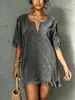 Vestido de Gamuza con Flecos Estilo Europeo y Americano Transfronterizo para Mujer, Verano Cuello en V Hombros Descubiertos Manga Corta Holgado de Longitud Media Estilo Vacacional