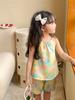 Novo conjunto de duas peças de verão para meninas estilo pintura a óleo floral conjunto de verão para meninas calça saia suspensa estilo ocidental celebridade da internet