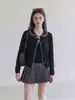 Moda de menina doce estilo coreano: cardigã de tricô preto com gola Peter Pan, gravata borboleta, mangas compridas, top feminino outono 2026, conjunto de duas peças