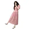 Vestido de Dos Piezas con Falda Larga Bordada de Encaje Rosa Dulce de Verano de Cintura Alta y Manga Corta