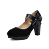 Sapatos Mary Jane Femininos Camurça Bico Redondo Salto Grosso Salto Alto Laço Fofo Tira de Velcro Sapatos Lolita
