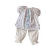 Ropa de Verano para Niñas 2025 Nuevo Bebé Manga Corta Floral Lazo Moda Estilo Princesa Manga Abullonada Pantalones Medios Conjunto de Dos Piezas