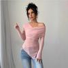 Pure Desire Deep V Lace Shoulder Camiseta de manga comprida feminina 2024 inverno novo elegante plissado Slim-fit irregular Top