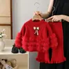 Conjunto de punto para niña de otoño e invierno: suéter con lazo y pantalones acampanados de punto trenzado con pelo sintético de visón, un conjunto de dos piezas