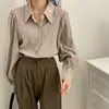 Camisa longa plissada estilo retrô coreano para mulheres, primavera e outono de 2026, blusa elegante com gola estilo francês para mulheres