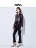 Chaqueta de Piel de Oveja Borgoña con Cuello Alto para Mujer, Chaqueta Biker Sencilla de Cuero Genuino Corta Ajustada de un Solo Botón, Abrigo de Cuero Genuino para Mujer
