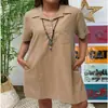 2026 Aliexpress Amazon Wish Cruzado Europeo y Americano Algodón y Lino Color Sólido Hombro Caído Manga Corta Bolsillo Vestido Casual