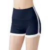 Shorts esportivos de secagem rápida com cintura alta, listras em cores contrastantes nas laterais, controle e modelagem da barriga, adequados para fitness ao ar livre e yoga.