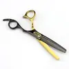 Tijeras de Peluquería con Estampado de Leopardo Negro y Dorado de 6.0 pulgadas, Tijeras para Cortar el Cabello, Tijeras Entresacadoras, Dientes de Astas de Ciervo, Dientes Lisos, Dientes en Forma de V, Dientes de Espina de Pescado