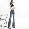 Jeans Flare Azul Vintage de Corte Justo para Mulheres, Novo Design de Outono, Cintura Alta, Emagrecedor, Lavagem Desgastada, Calças Flare