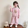 Conjunto de Duas Peças Estilo Outono Desenho Animado para Crianças: Moletom Doce com Renda e Calça de Moletom para Meninas, Conjunto de Roupa Esportiva com Gola Redonda para Bebê