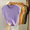 Blusa de malha solta oversized de seda gelada para mulheres, verão fina slim-fit gola redonda cor sólida versátil ombro caído manga curta