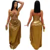 C7491 Moda Europeia e Americana Transfronteiriça Aliexpress Amazon Vestido Bodycon Plissado Sexy com Decote Halter e Corrente Dourada para Mulheres