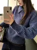 Suéter Macio Feminino Outono e Inverno, Manga Longa, Caimento Solto, Tricô em Camadas, Listrado, Grosso, Gola Reversível, Top de Cor Contrastante