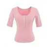 Camiseta henley cinza de botões com manga média estilo girl spicy americano para mulheres, top casual justo de verão com ombros retos