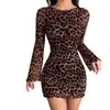Vestido de Malla con Estampado de Leopardo Elegante Sexy de Manga Larga, Cruzado, para Primavera y Otoño 2025, Amazon Europeo y Americano, Aliexpress