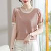 Playera de Manga Corta de Seda de Hielo para Mujer Madre 2025 Nuevo Verano Delgada Seda Brillante Tejida Camisa para Señoras de Mediana Edad Cubre Vientre Ropa para Suegra