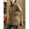 Casaco de Algodão Espesso com Textura Retrô de Inverno para Mulheres com Bolsos Grandes, Jaqueta de Algodão Acolchoada de Comprimento Médio, Jaqueta de Algodão Quente